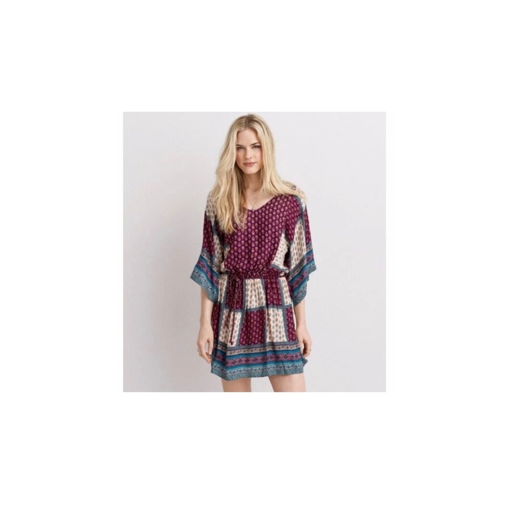 American Eagle Outfitters‎ Burgundy Patchwork Floral Kimono Sleeve Mini Dress M